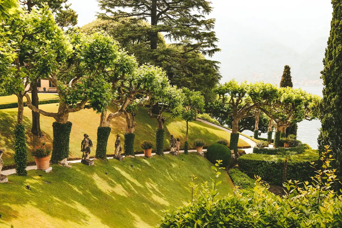 Manicured terraced gardens of a lakeside luxury estate